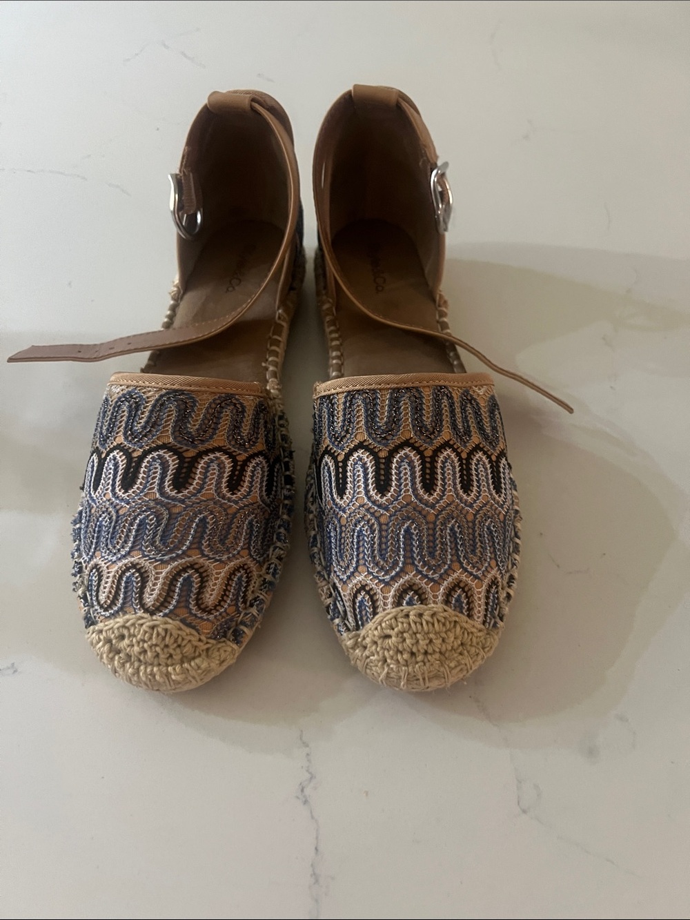 New York & Company Navy and Tan Woven Espadrille Ankle-Strap Flats boho whimsy
